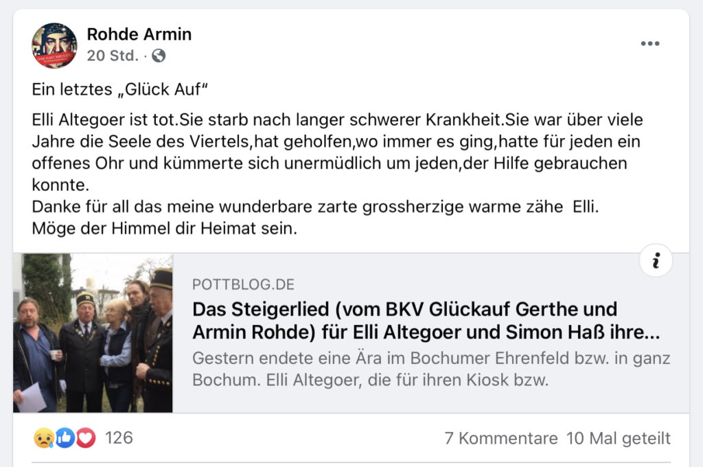 Facebook-Beitrag von Armin Rohde zum Tod von Elli Altegoer