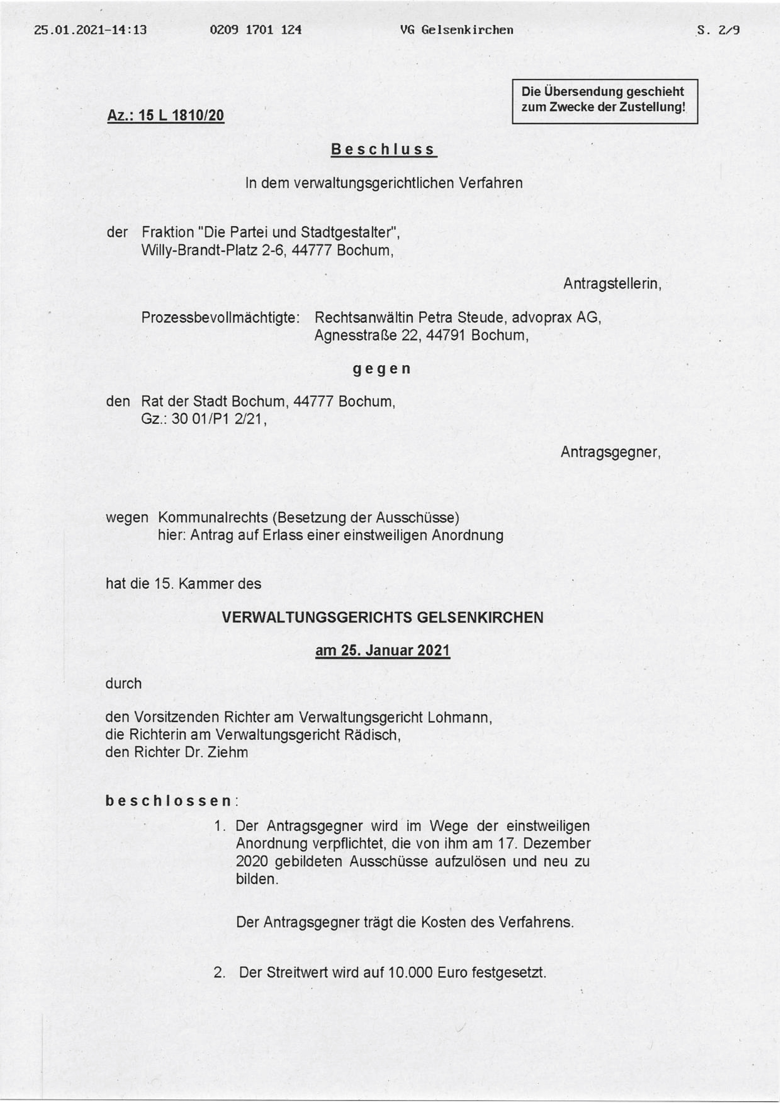 Beschluss (VG Gelsenkirchen 25.01.2021) in der Sache Fraktion "Die Partei und Stadtgestalter" gegen den Rat der Stadt Bochum, hier: Seite 1/8 (bzw. 2/9)