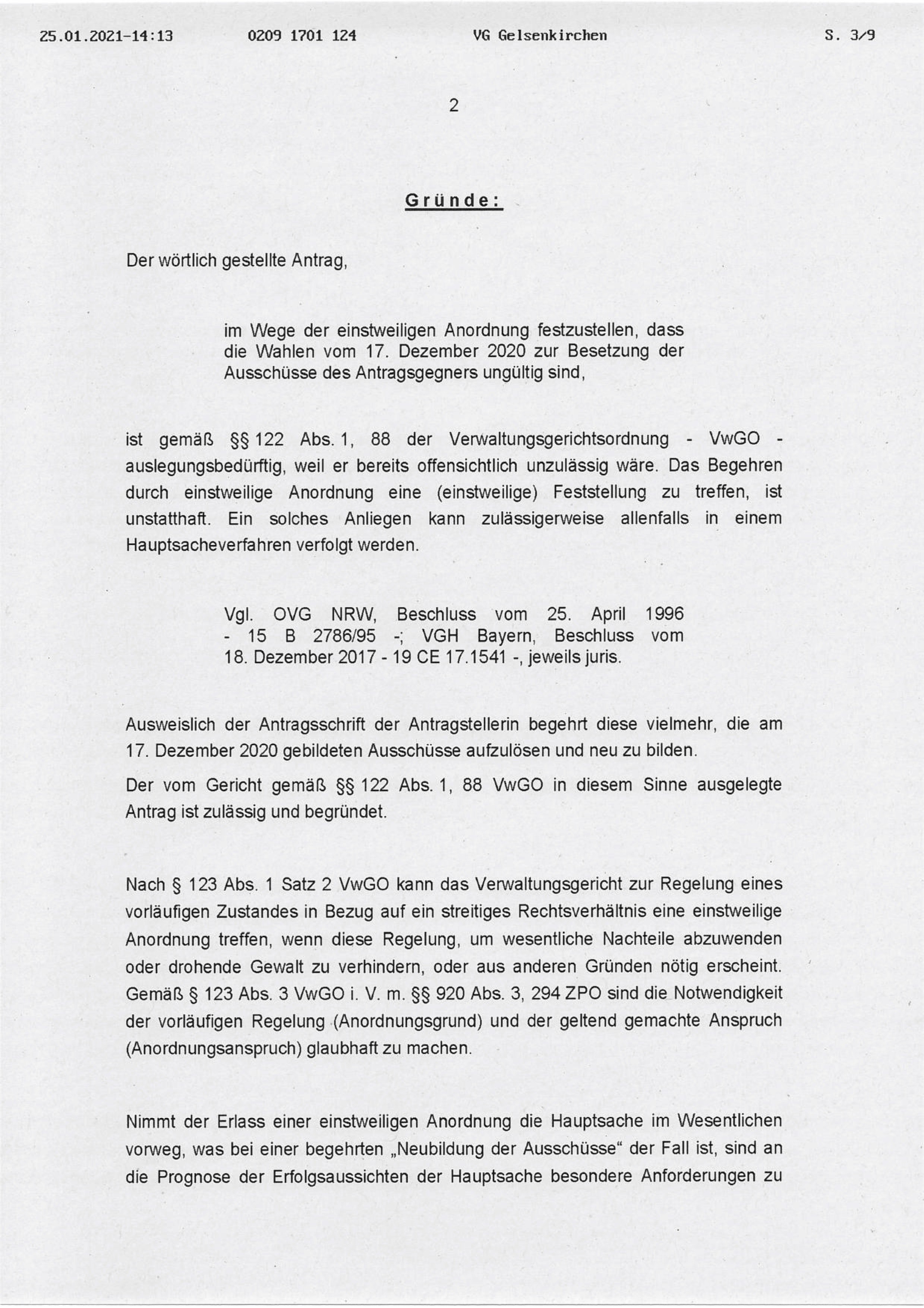 Beschluss (VG Gelsenkirchen 25.01.2021) in der Sache Fraktion "Die Partei und Stadtgestalter" gegen den Rat der Stadt Bochum, hier: Seite 2/8 (bzw. 3/9)