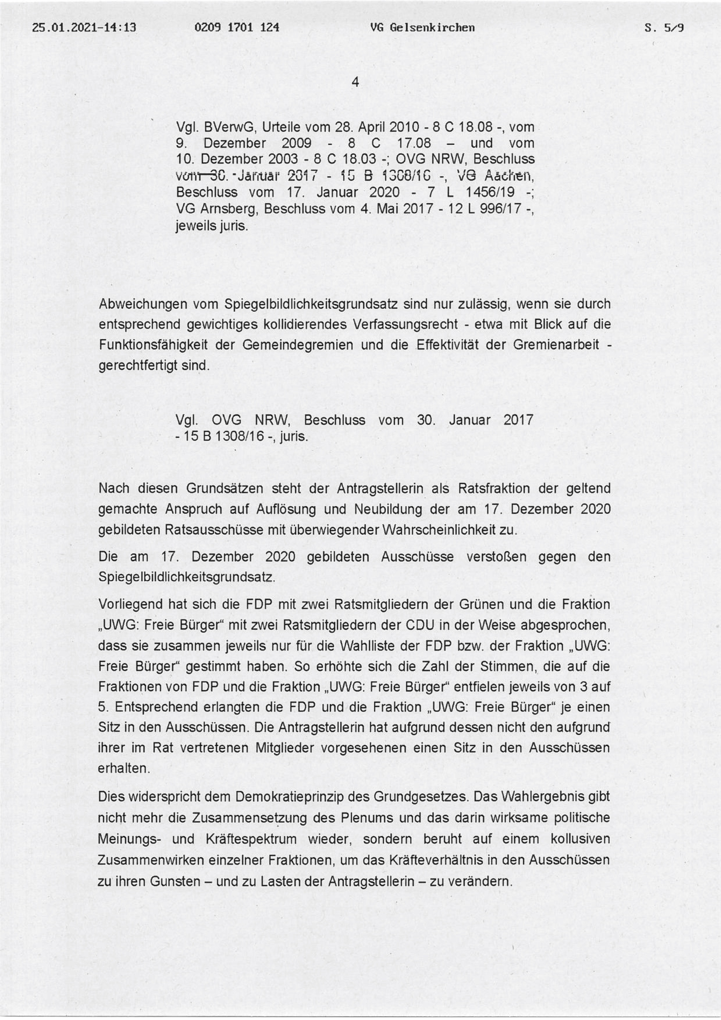 Beschluss (VG Gelsenkirchen 25.01.2021) in der Sache Fraktion "Die Partei und Stadtgestalter" gegen den Rat der Stadt Bochum, hier: Seite 4/8 (bzw. 5/9)