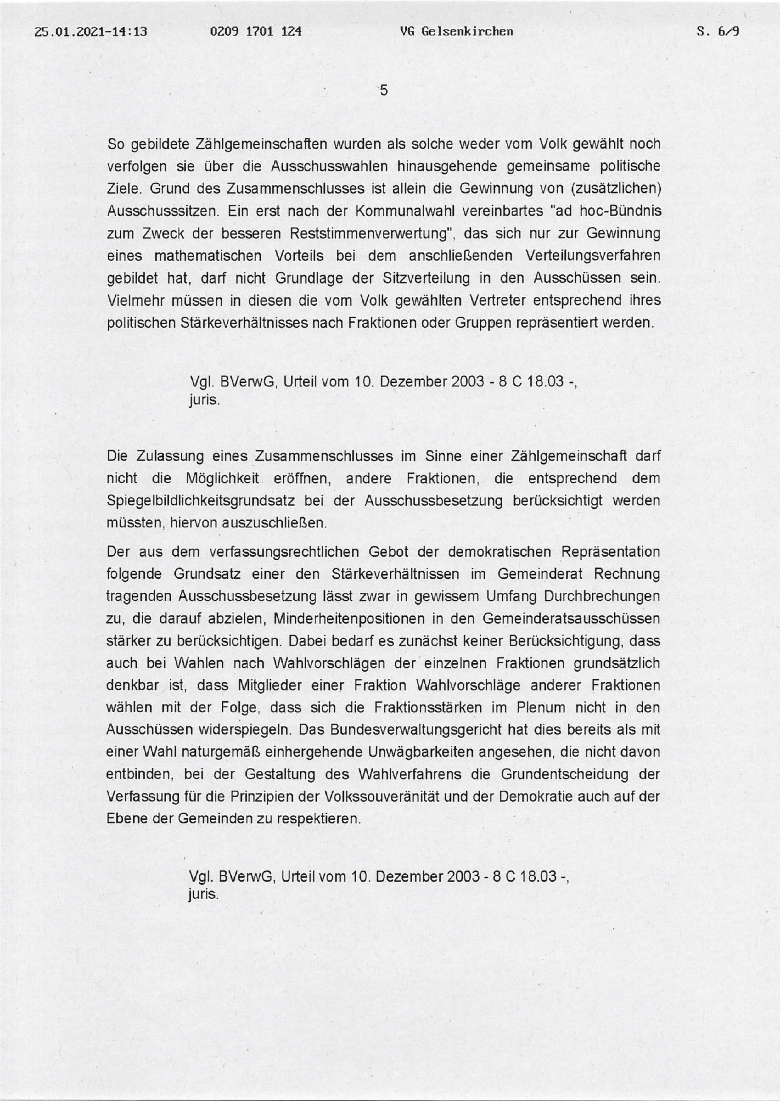 Beschluss (VG Gelsenkirchen 25.01.2021) in der Sache Fraktion "Die Partei und Stadtgestalter" gegen den Rat der Stadt Bochum, hier: Seite 5/8 (bzw. 6/9)