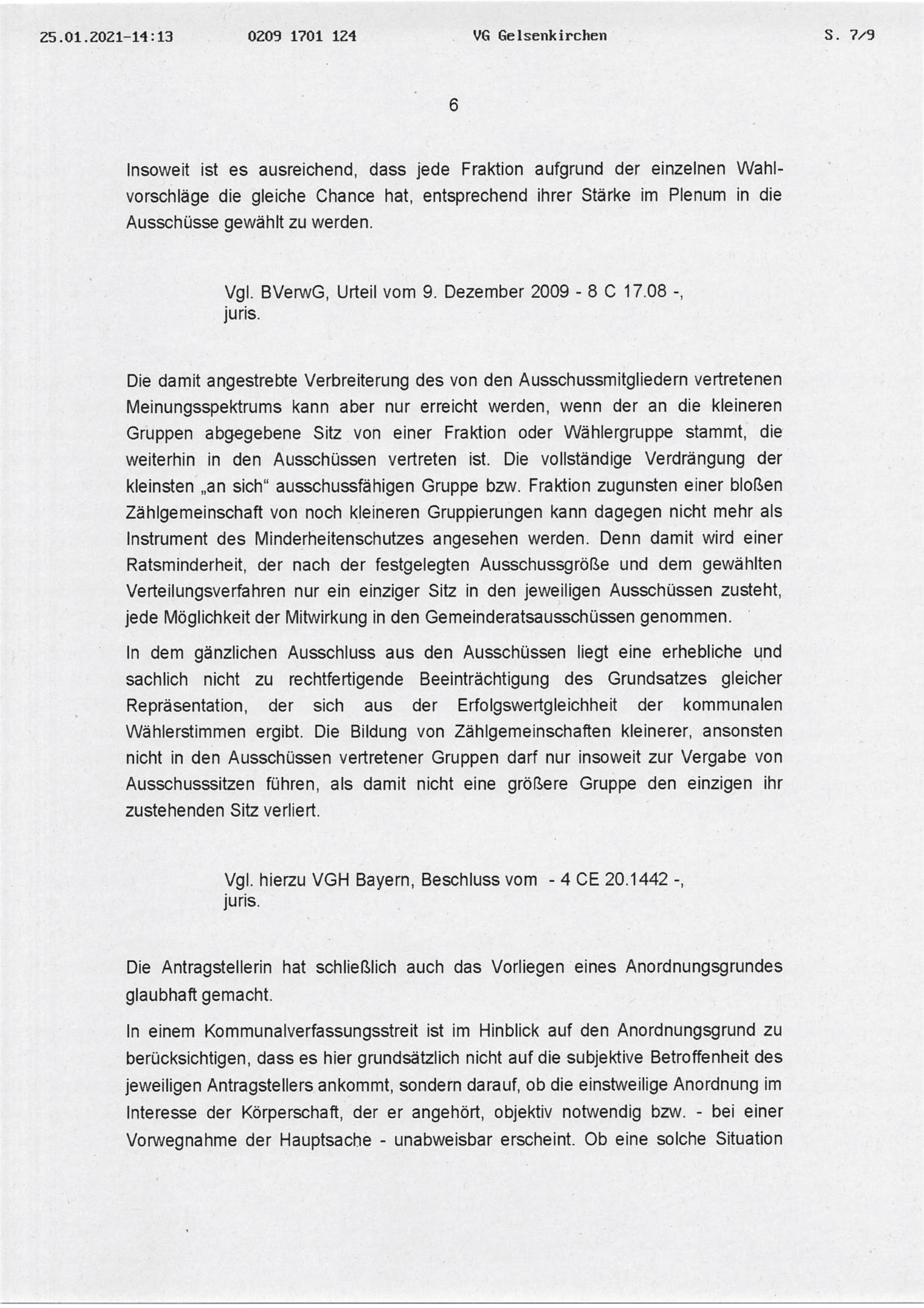 Beschluss (VG Gelsenkirchen 25.01.2021) in der Sache Fraktion "Die Partei und Stadtgestalter" gegen den Rat der Stadt Bochum, hier: Seite 6/8 (bzw. 7/9)