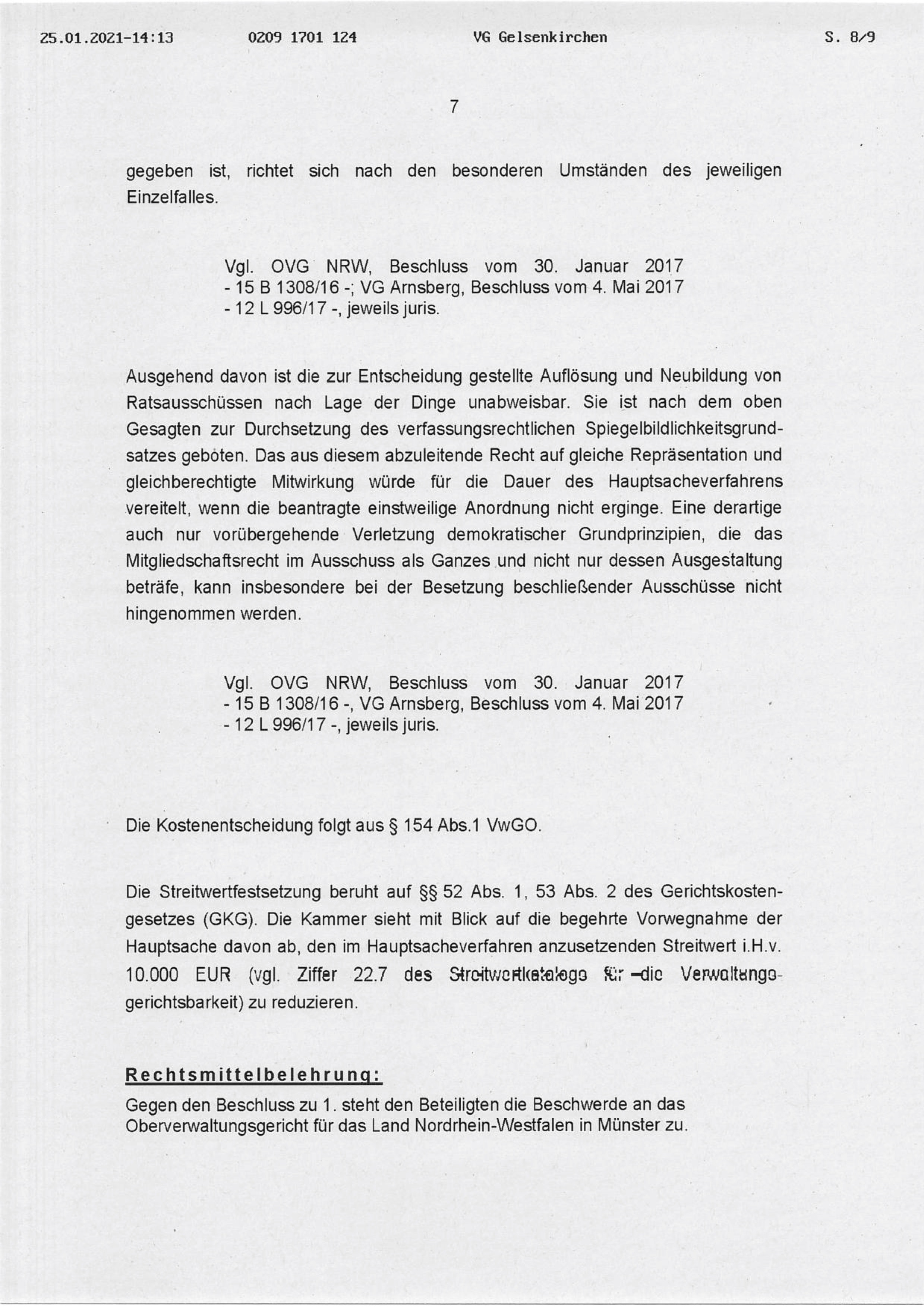 Beschluss (VG Gelsenkirchen 25.01.2021) in der Sache Fraktion "Die Partei und Stadtgestalter" gegen den Rat der Stadt Bochum, hier: Seite 7/8 (bzw. 8/9)