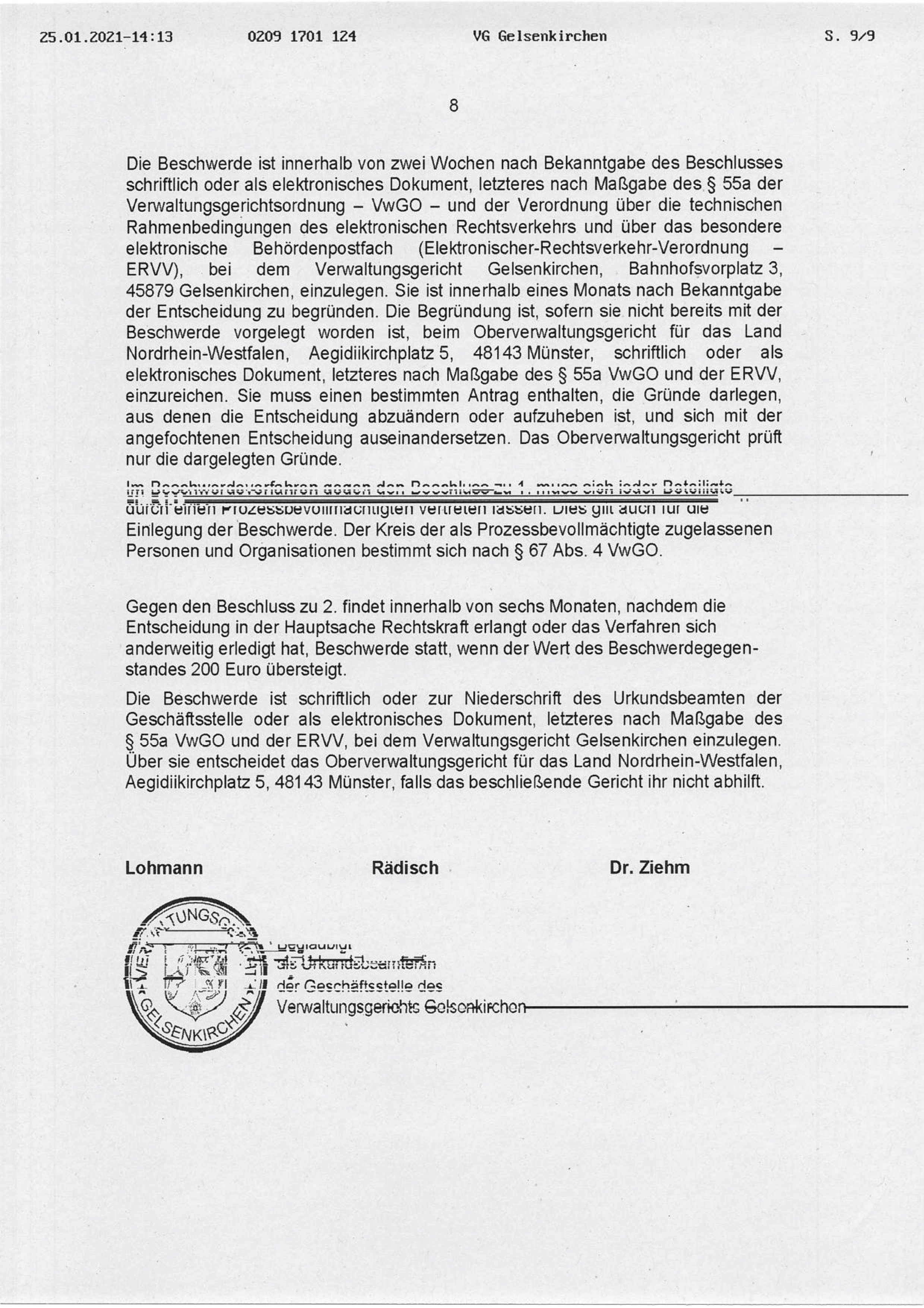 Beschluss (VG Gelsenkirchen 25.01.2021) in der Sache Fraktion "Die Partei und Stadtgestalter" gegen den Rat der Stadt Bochum, hier: Seite 8/8 (bzw. 9/9)