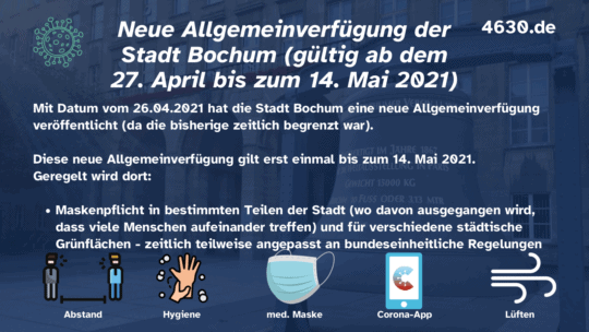 Neue Allgemeinverfügung der Stadt Bochum (gültig ab dem 27. April bis zum 14. Mai 2021)