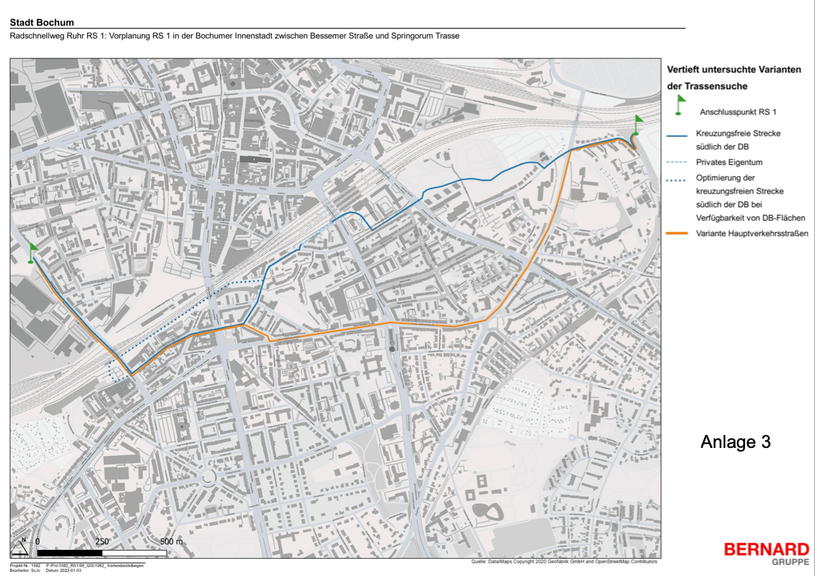 Radschnellweg Ruhr RS 1 in Bochum (Innenstadt): "Vertieft untersuchte Varianten der Trassensuche" (Vorlage 20220116, Anlage 3)