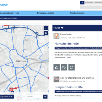 Screenshot der Website zur Bürgerbeteiligung (Vorbehaltsstraßen-Netz, Tempozonen-Netz, Straßenklassen)