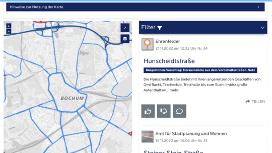 Screenshot der Website zur Bürgerbeteiligung (Vorbehaltsstraßen-Netz, Tempozonen-Netz, Straßenklassen)