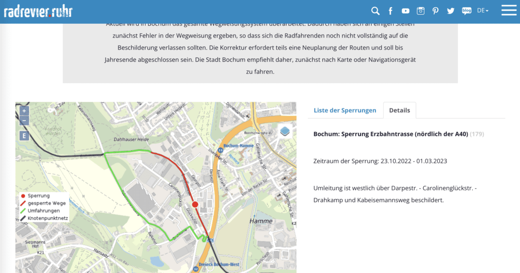 Sperrung der Erzbahntrasse (bis 01.03.2023) - Screenshot radrevier.ruhr