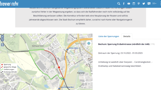 Sperrung der Erzbahntrasse (bis 01.03.2023) - Screenshot radrevier.ruhr