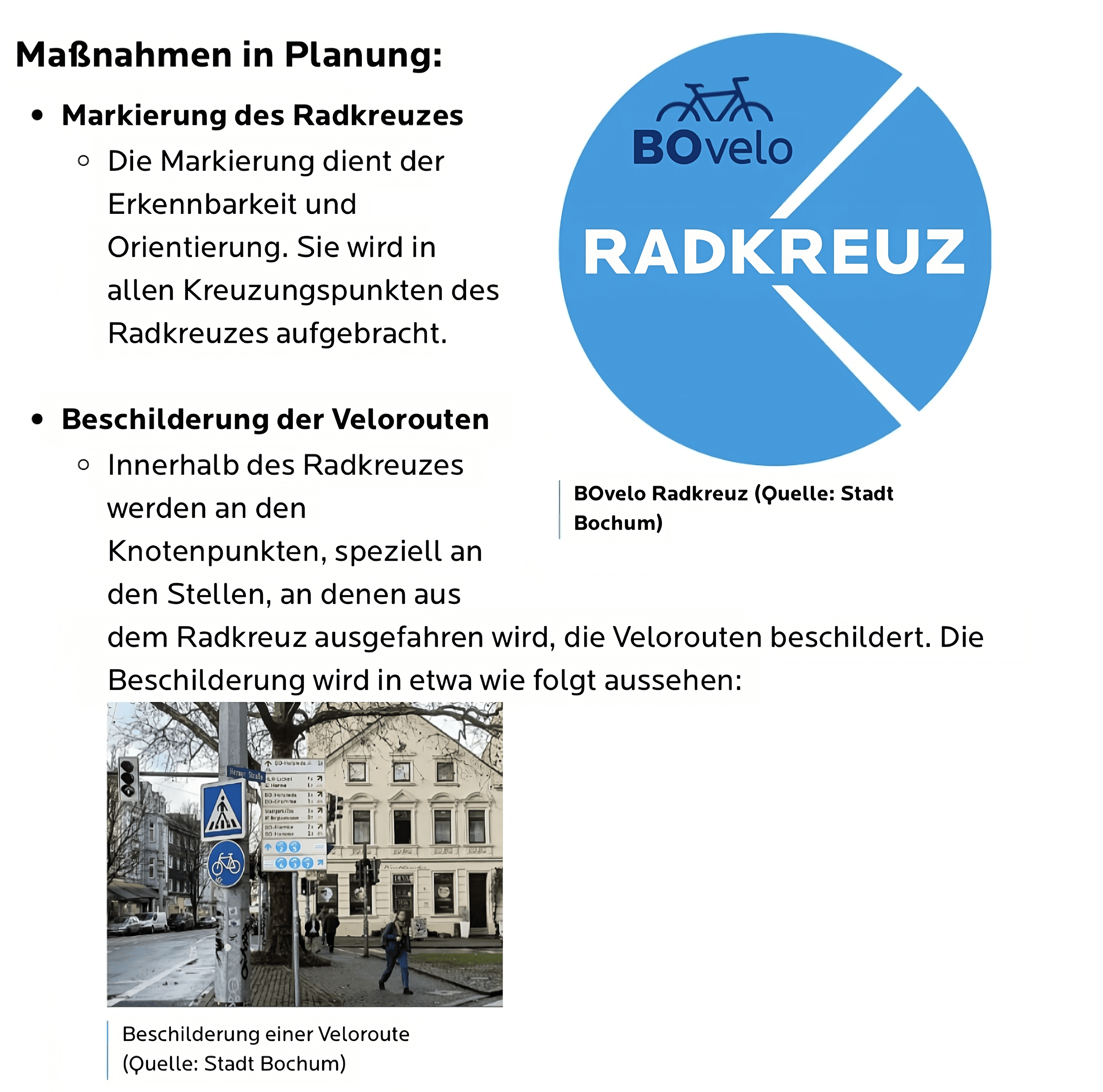 Screenshot bochum.de zur Markierung des Radkreuzes und der Beschilderung der Velorouten