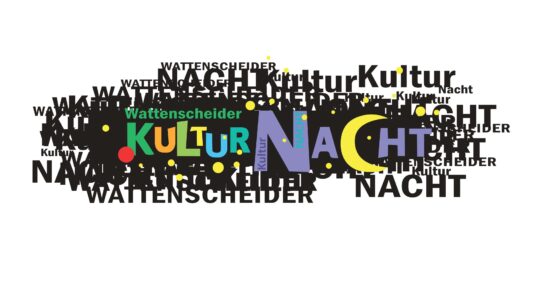 Buntes Logo der Wattenscheider Kulturnacht mit dem Schriftzug „Wattenscheider Kulturnacht“ auf schwarzem Hintergrund und farbigen Elementen.