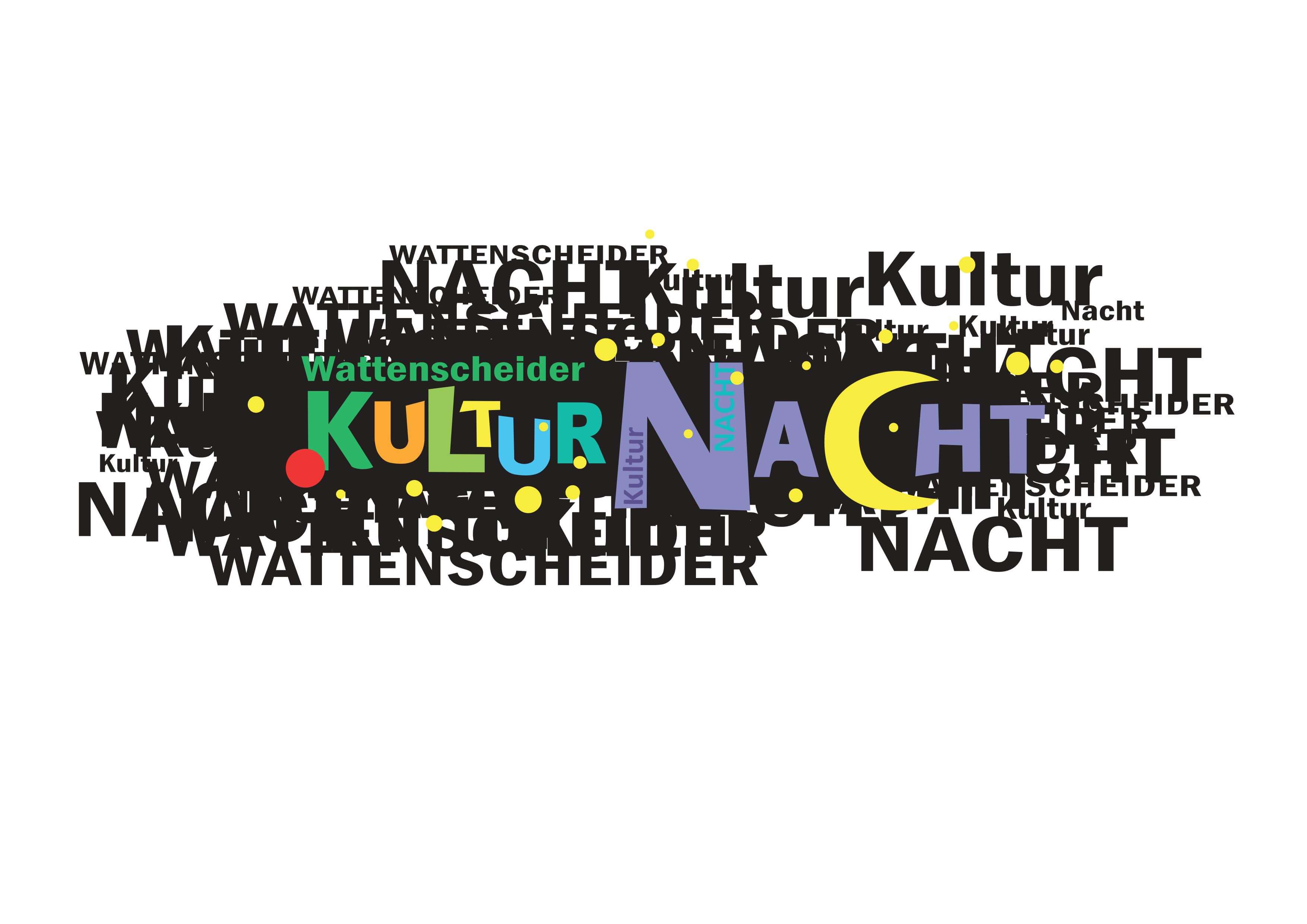 Buntes Logo der Wattenscheider Kulturnacht mit dem Schriftzug „Wattenscheider Kulturnacht“ auf schwarzem Hintergrund und farbigen Elementen.