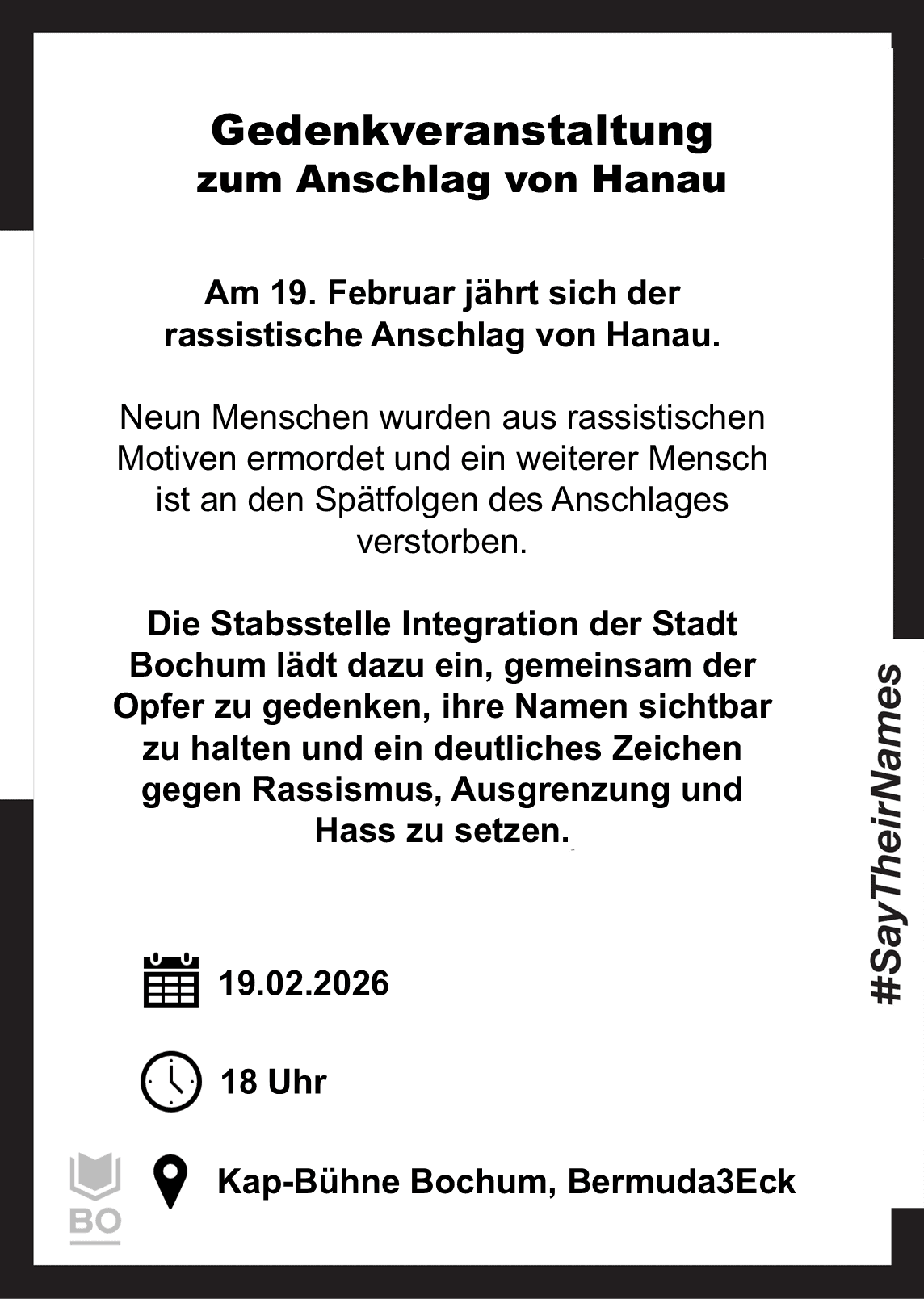 Offizieller Aufruf zur Gedenkveranstaltung am 19.02.2026 zugunsten der Opfer von Hanau