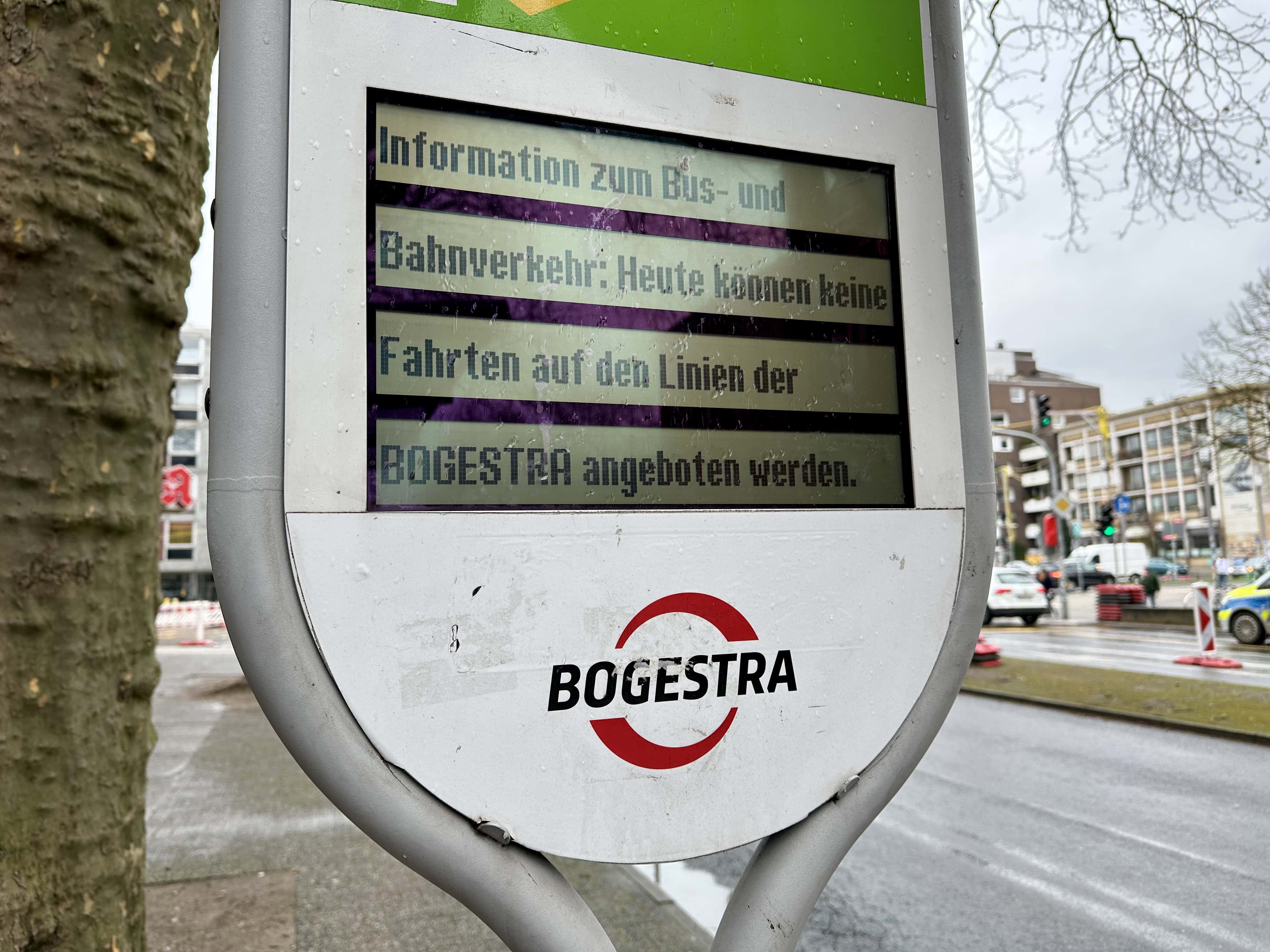Infotafel der Bogestra: Heute keine Fahrten auf den Linien der Bogestra (wegen des Streiks)